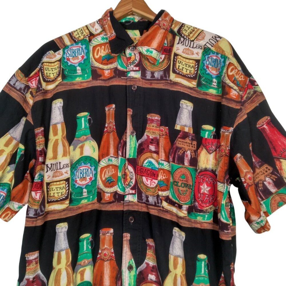 Sergio Valente Beer Shirt Men Large Black Party Brew Bottles Aloha Button Up